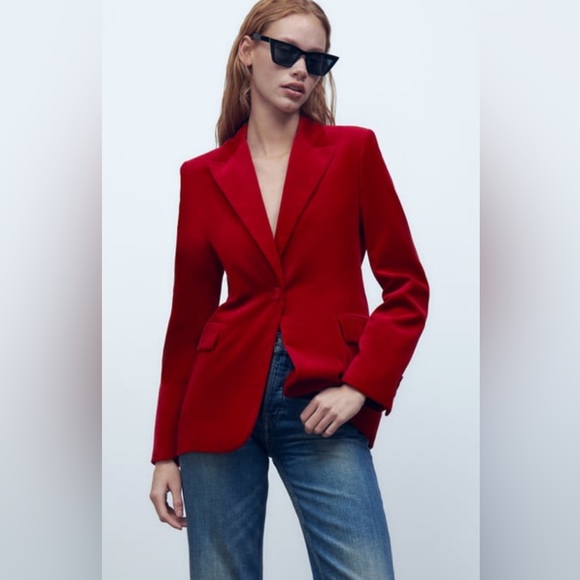 Zara Jackets & Coats Red Velvet Blazer Sz L Poshmark